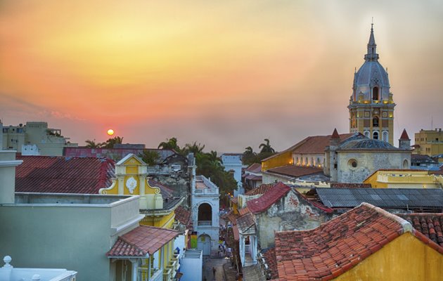 Solnedgang over Cartagena i Colombia