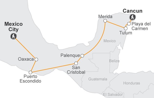 Kort over ruten i Mexico