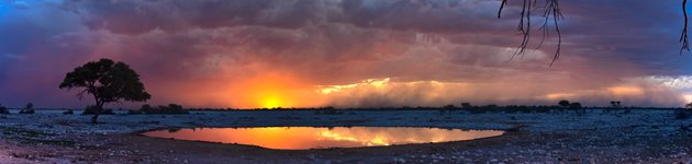 Solnedgang ved vandhul i Etosha NP, Namibia Solnedgang ved vandhul i Etosha NP, Namibia