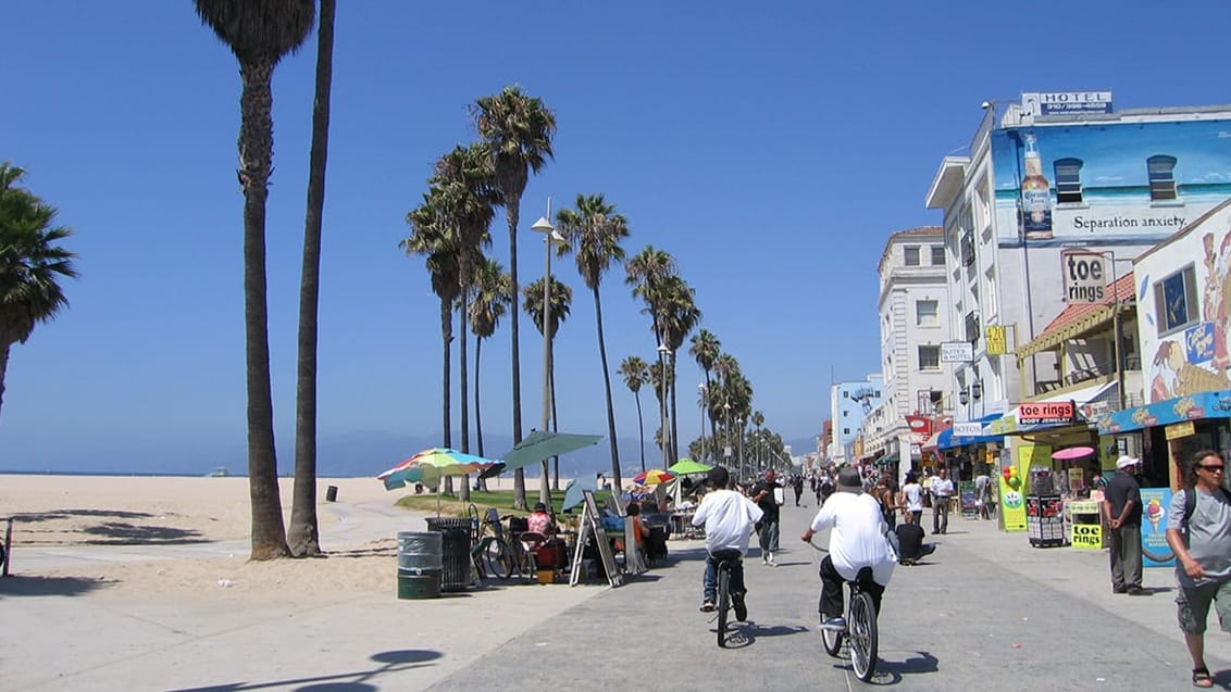Hyr cyklar och cykla längs stranden från Santa Monica till Venice Beach, USA